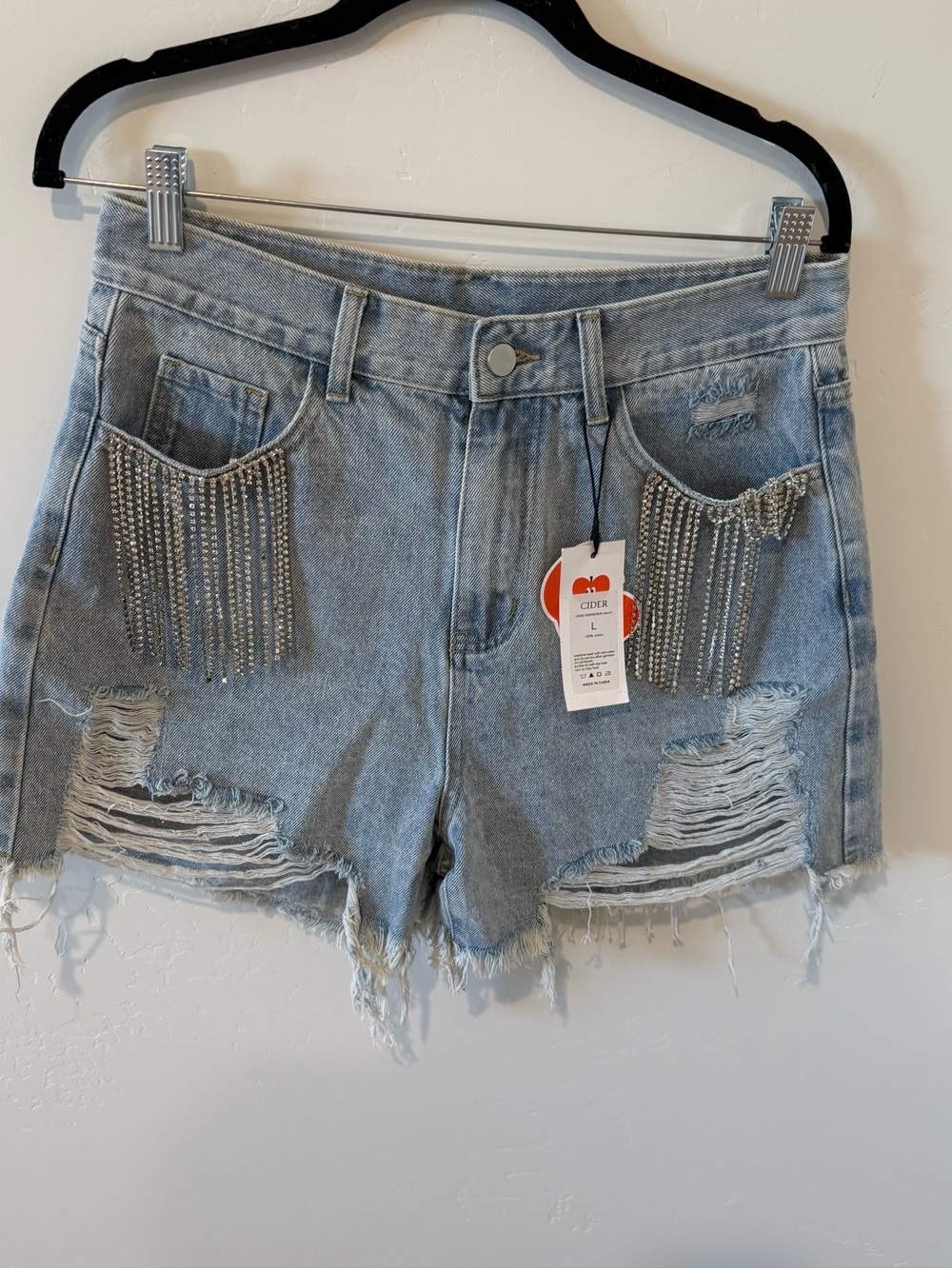 Cider Light Blue Distressed Denim Shorts with Rhinestone Fringe Womens Large NEW